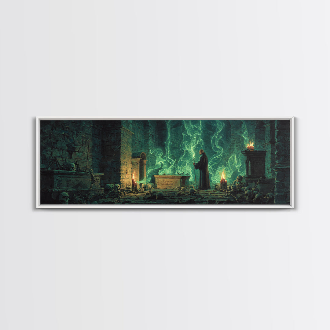 Mystical Wizard In Ancient Crypt With Glowing Green Flames Wall Art Modern Fantasy Decor Framed Canvas Print Unique Gift