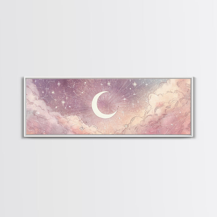 White Crescent Moon Over Pink Clouds Wall Art, Whimsical Celestial Nursery Decor, Dreamy Bedroom Decor, Framed Canvas Print
