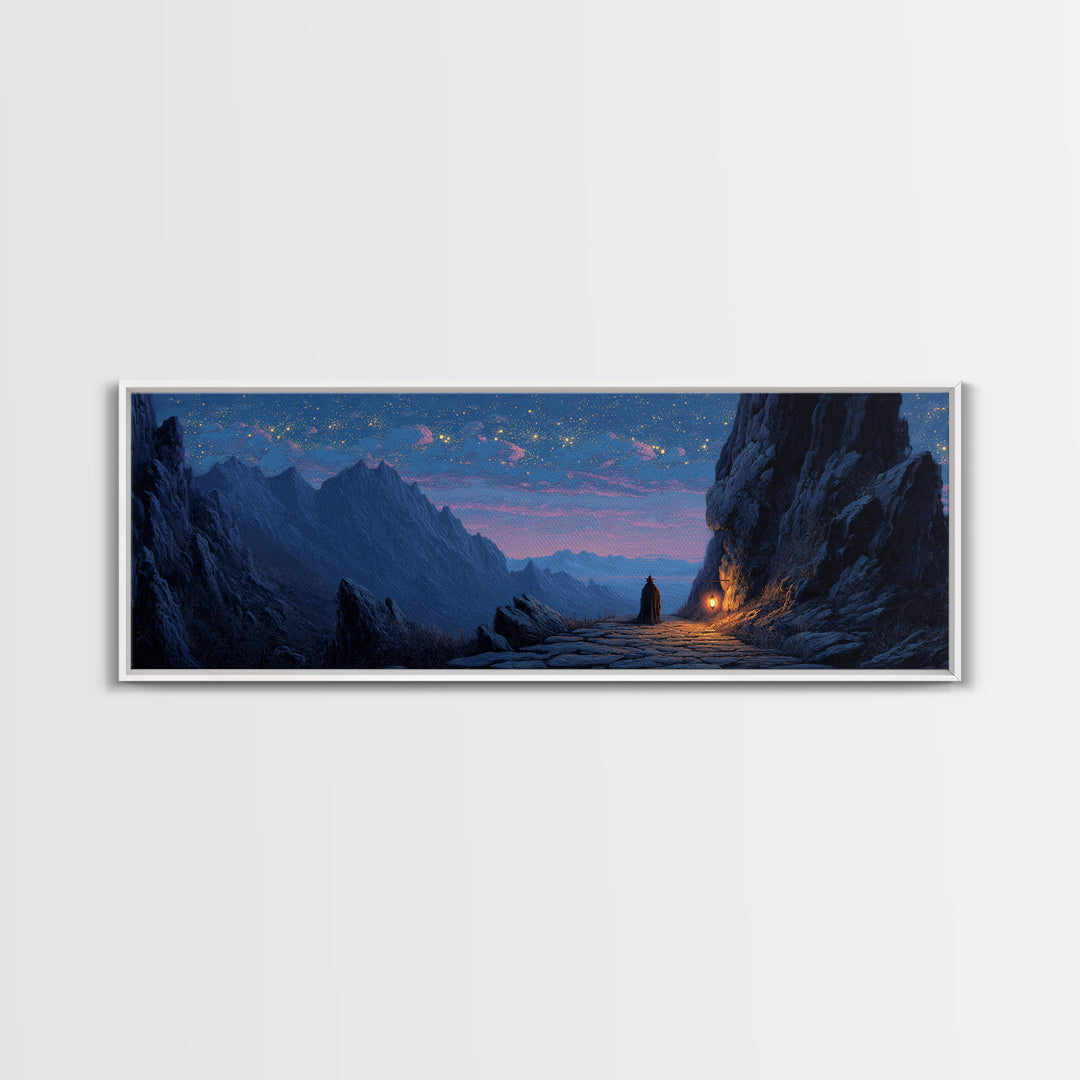 Mystical Knight Under Starry Night Sky Landscape Wall Art Framed Canvas Print For Fantasy Home Decor
