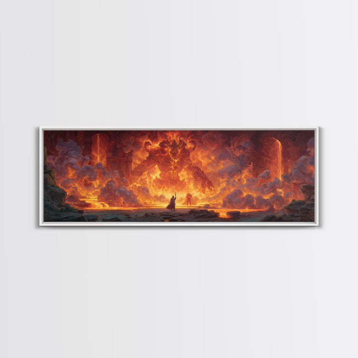 Fire Elemental Giant Facing Brave Warrior In Fiery Landscape Canvas Print Bold Large Wall Art For Dramatic Home Decor