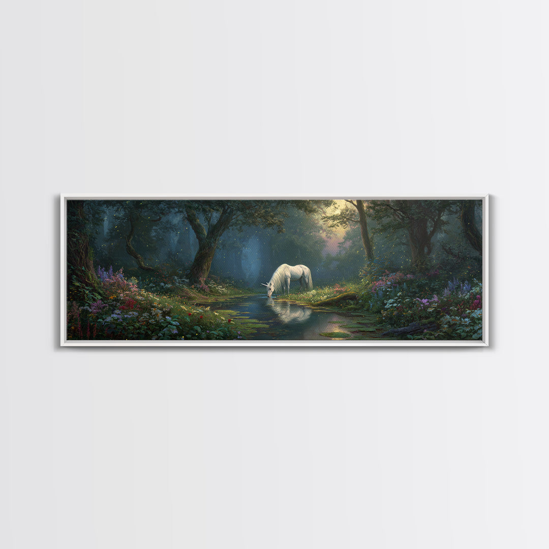 Magical Forest Unicorn Drinking From Stream With Enchanting Light Wall Art Framed Canvas Print For Fantasy Decor Kids Room