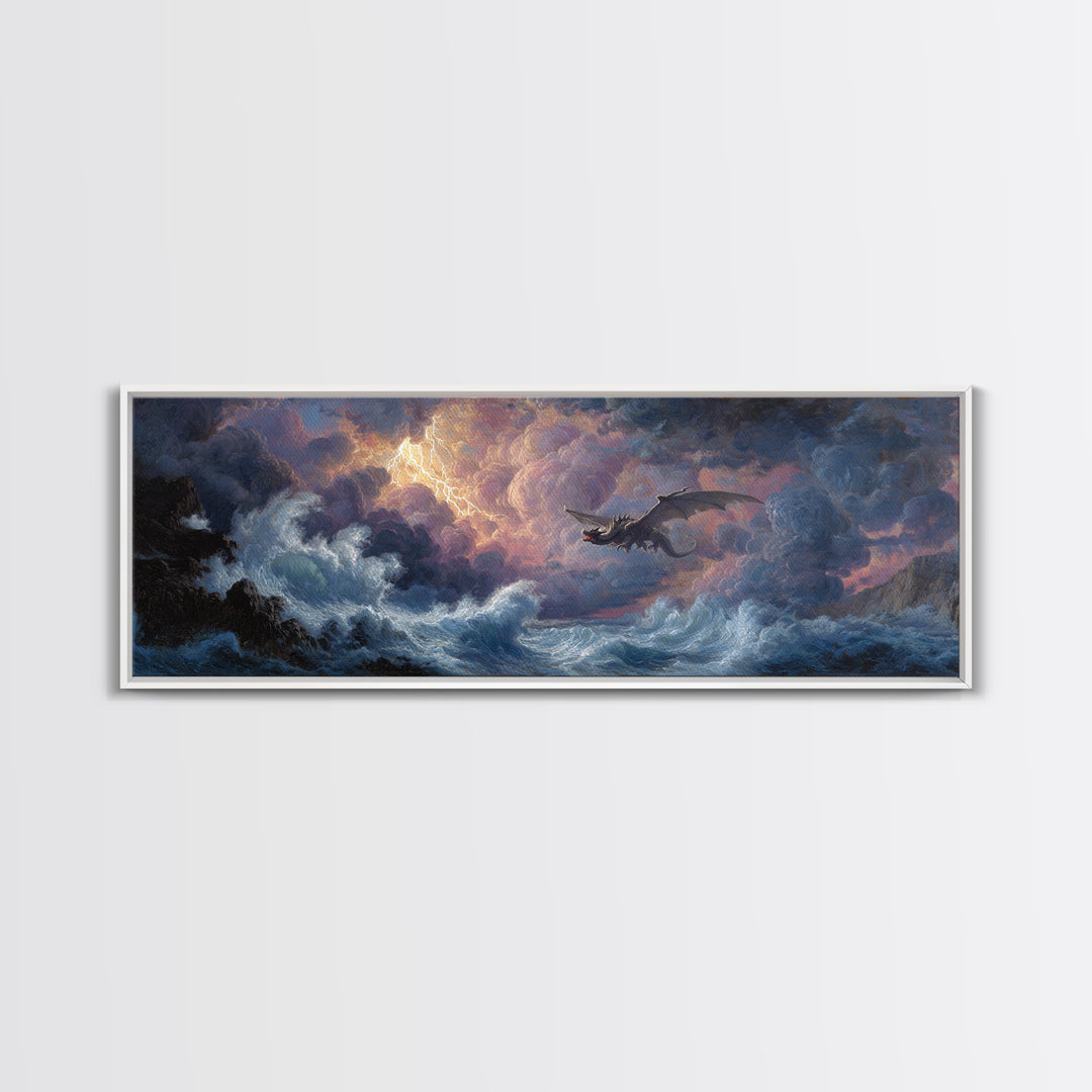 Stormy Seascape With Dragon Emerging From Ocean Waves Fantasy Wall Art Framed Canvas Print For Living Room Decor
