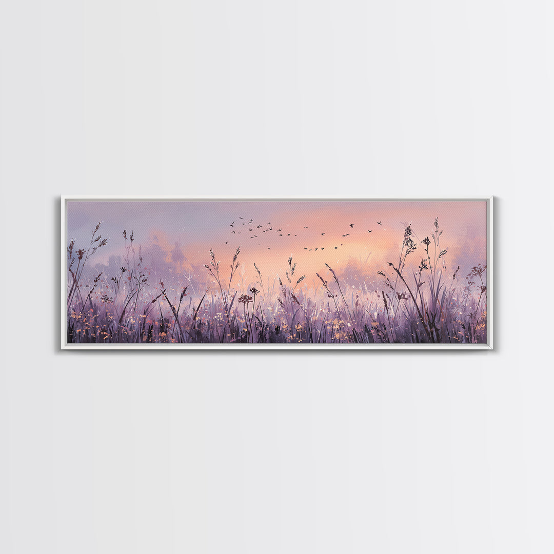 Lavender Wildflower Meadow At Sunset Wall Art, Pastel Nature Wall Decor, Calming Bedroom Decor, Large Horizontal Canvas Print