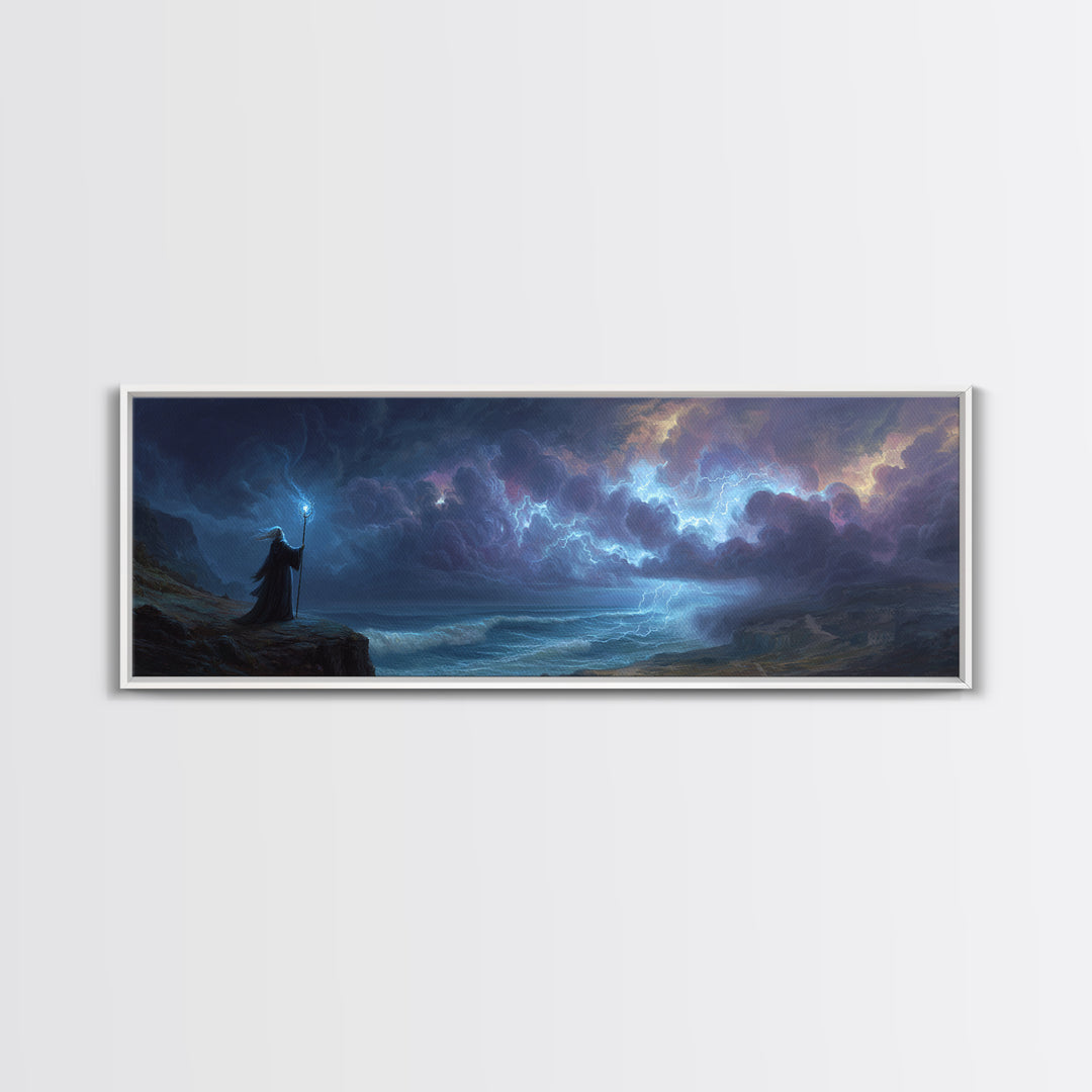 Epic Fantasy Wizard Holding Staff In Stormy Coastal Landscape - Magical Fantasy Wall Art Canvas Print For Mystical Room Decor