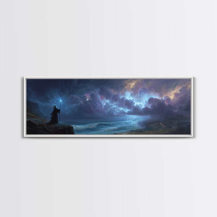 Epic Fantasy Wizard Holding Staff In Stormy Coastal Landscape - Magical Fantasy Wall Art Canvas Print For Mystical Room Decor