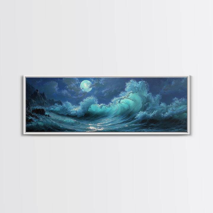 Wave Crash Under Moonlight Oil Painting Wall Art Moody Seascape Canvas Print For Coastal Living Room Decor