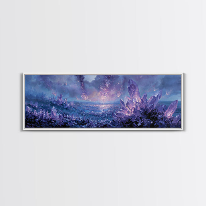 Mystical Purple Crystal Landscape With Falling Crystals Wall Art Framed Canvas Print For Unique Home Decor