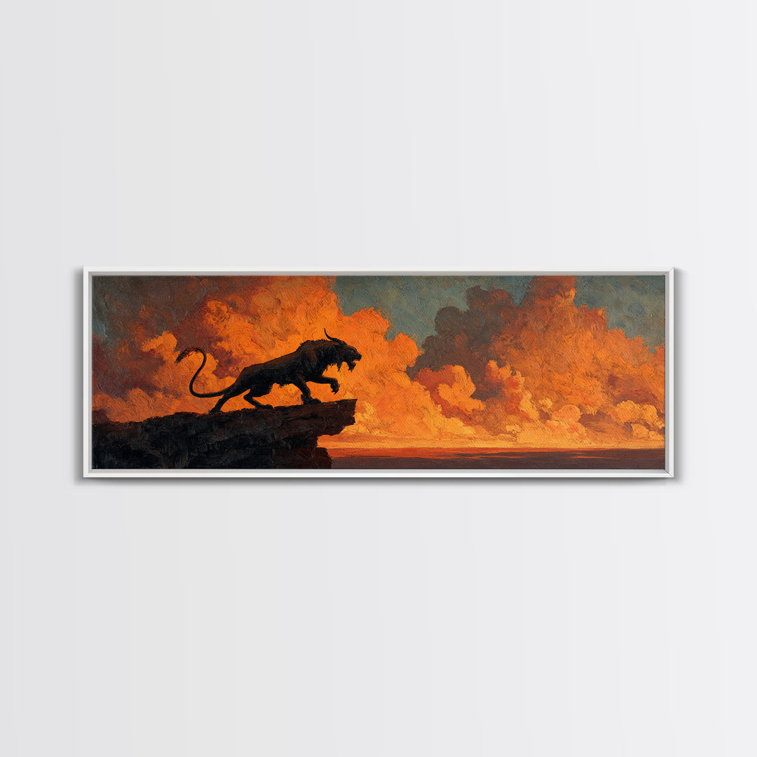 Dramatic Black Panther Silhouette Against Fiery Sunset Sky Landscape Canvas Print For Unique Wall Art Decor