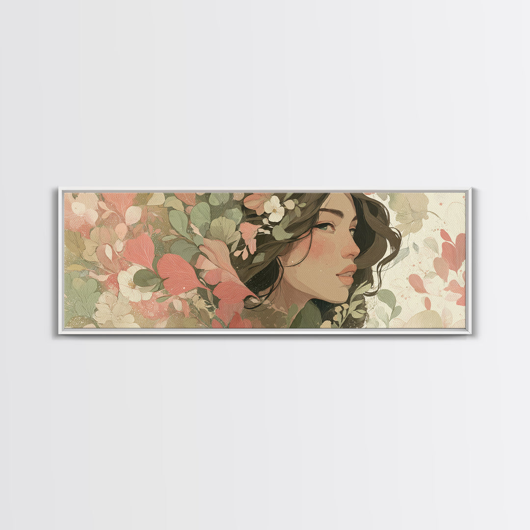 Floral Woman Portrait With Green Leaves Wall Art, Modern Feminine Botanical Decor, Boho Bedroom Decor, Framed Canvas Print