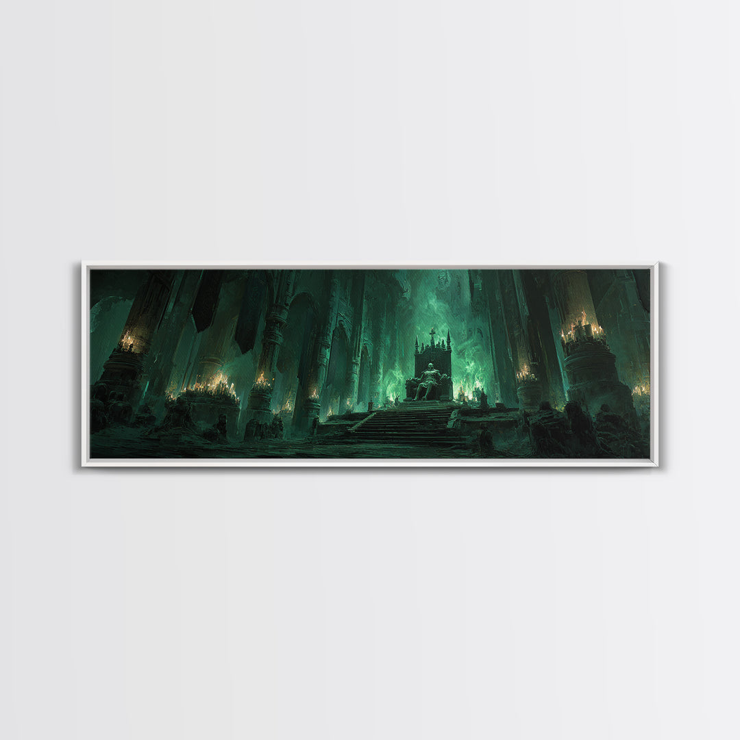 Green Fantasy Gothic Cathedral Throne Room Dark Artwork Wall Art Canvas Print Moody Gothic Home Decor