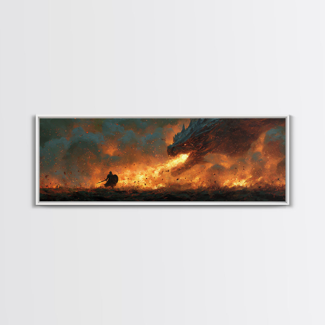 Fiery Viking Warrior Fighting Dragon Epic Fantasy Wall Art Framed Canvas Print For Dramatic Home Decor Gift