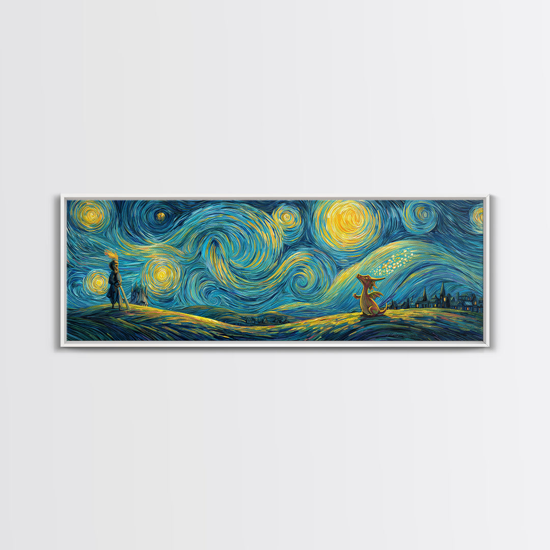 Whimsical Starry Night Inspired Canvas Print With Playful Dragon And Knight In Vibrant Blues And Yellows Unique Wall Art For Kids Room And Fantasy Decor