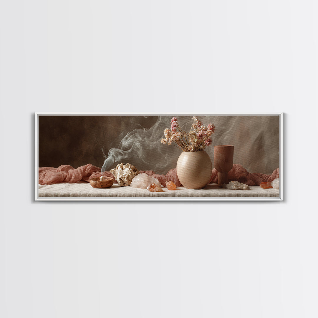 Smoky Crystals And Dried Flowers Framed Canvas Print, Zen Spa Wall Art, Neutral Boho Decor, Meditation Room Gift For Her