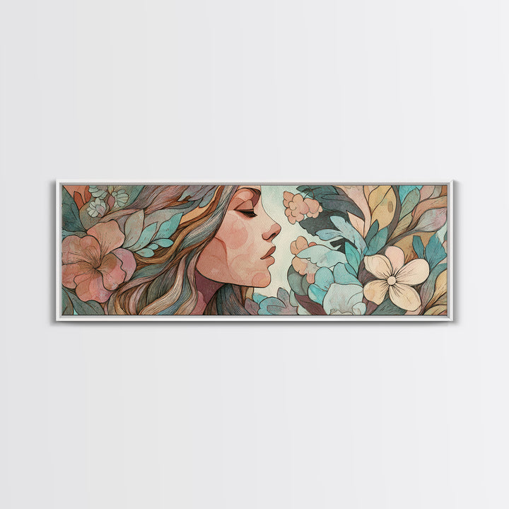 Art Nouveau Woman With Teal Florals Wall Art, Feminine Botanical Canvas Print, Boho Bedroom Decor, Living Room Decor, Gift For Her