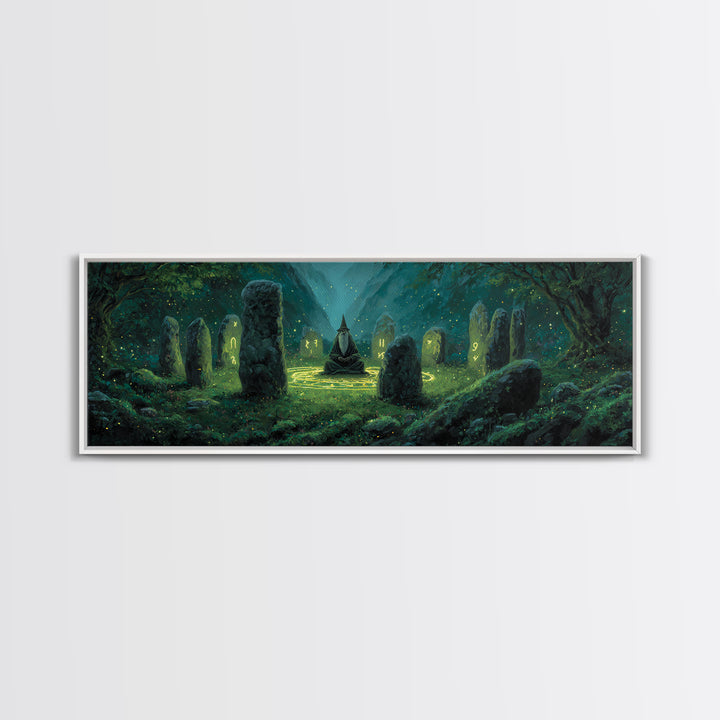 Fantasy Magician Meditating Among Ancient Stones Spellcasting Abstract Wall Art Canvas Print For Magical Decor