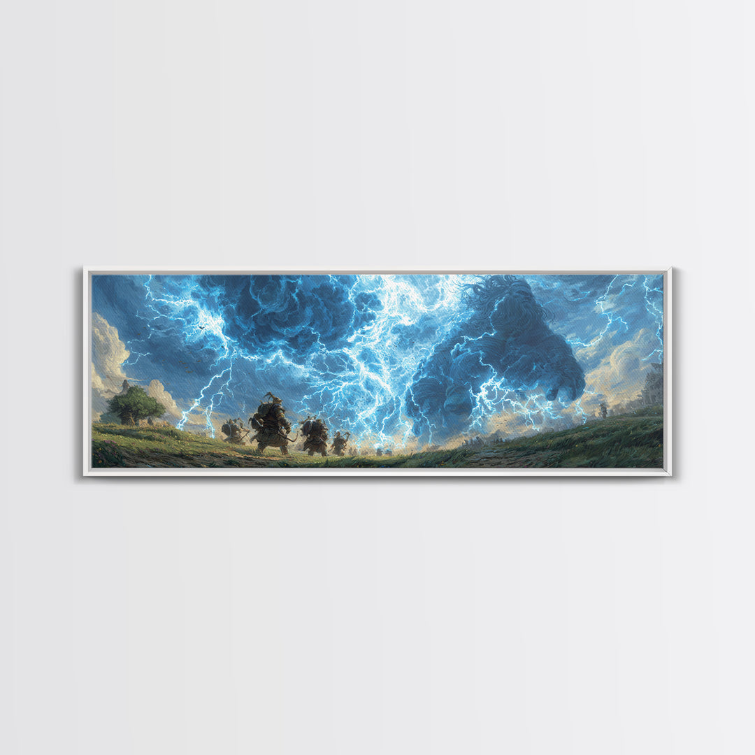 Epic Fantasy Battle Art Depicting Warriors Facing Giant Made Of Stormy Clouds Canvas Print