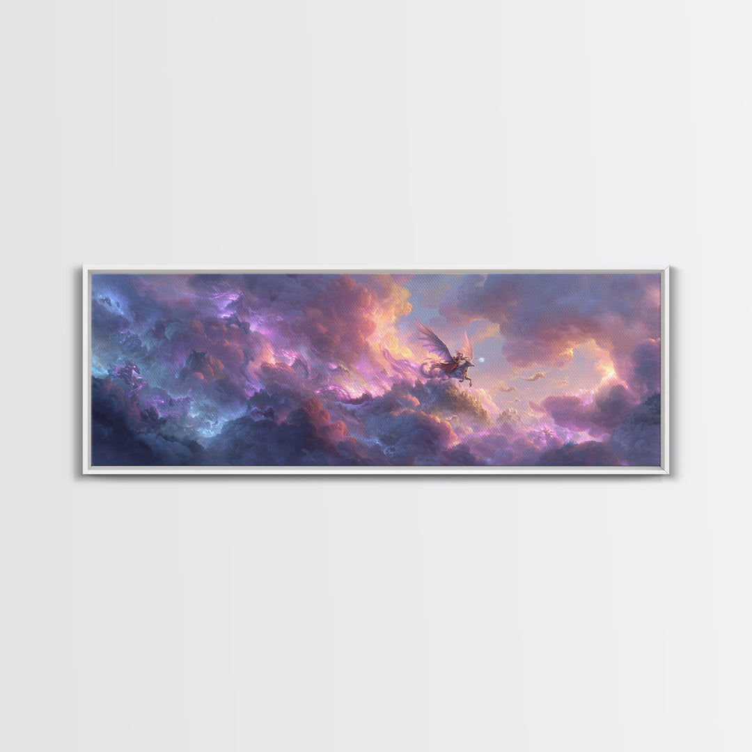 Epic Fantasy Sky Battle With Winged Warrior Dragons And Light Magic Canvas Print Large Wall Art For Fantasy Decor