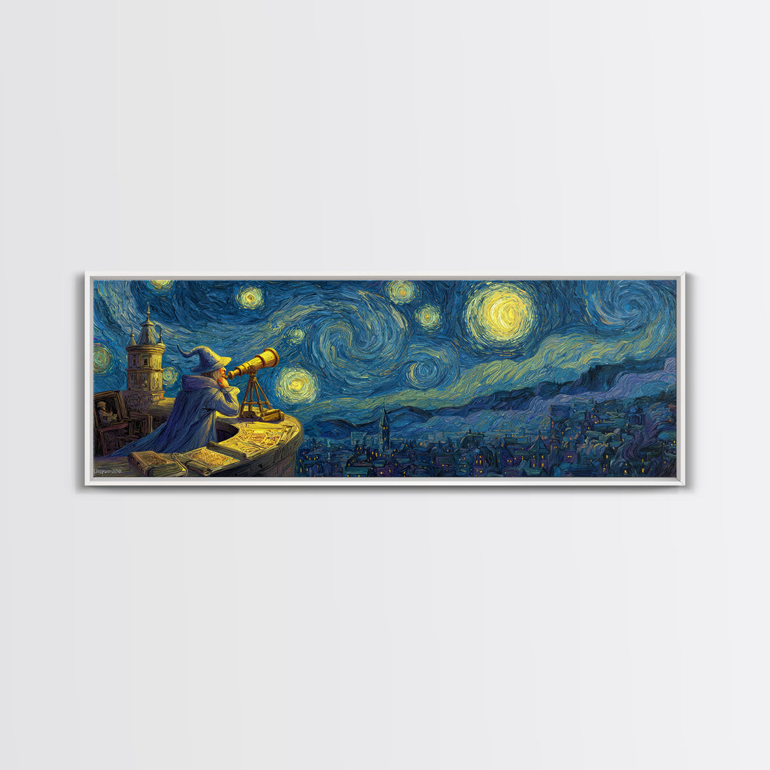 Starry Night Sky Over Town With Wizard And Telescope Classic Van Gogh Style Wall Art Framed Canvas Print