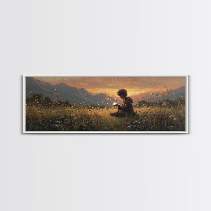 Young Boy In Field Holding Glowing Magical Lights Surrounded By Wildflowers Wall Art Canvas Print