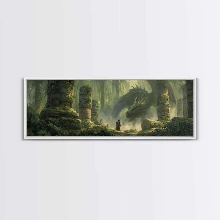 Ancient Forest With Massive Dragon Resting Amidst Ruins - Fantasy Wall Art Framed Canvas Print For Magical And Whimsical Decor