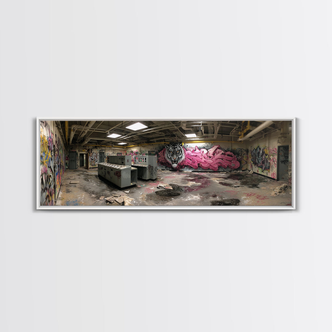 Abandoned Graffiti Room Urban Wall Art Framed Canvas Print With Decayed Interior And Graffiti Street Art Home Decor