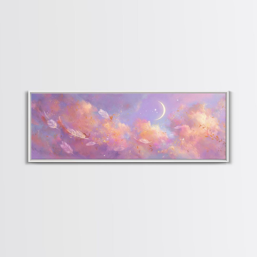 Crescent Moon Feathers In Lavender Sky Wall Art, Celestial Canvas Print, Whimsical Decor, Calming Bedroom Art, Gift For Her