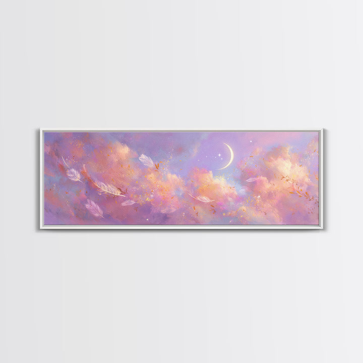 Crescent Moon Feathers In Lavender Sky Wall Art, Celestial Canvas Print, Whimsical Decor, Calming Bedroom Art, Gift For Her