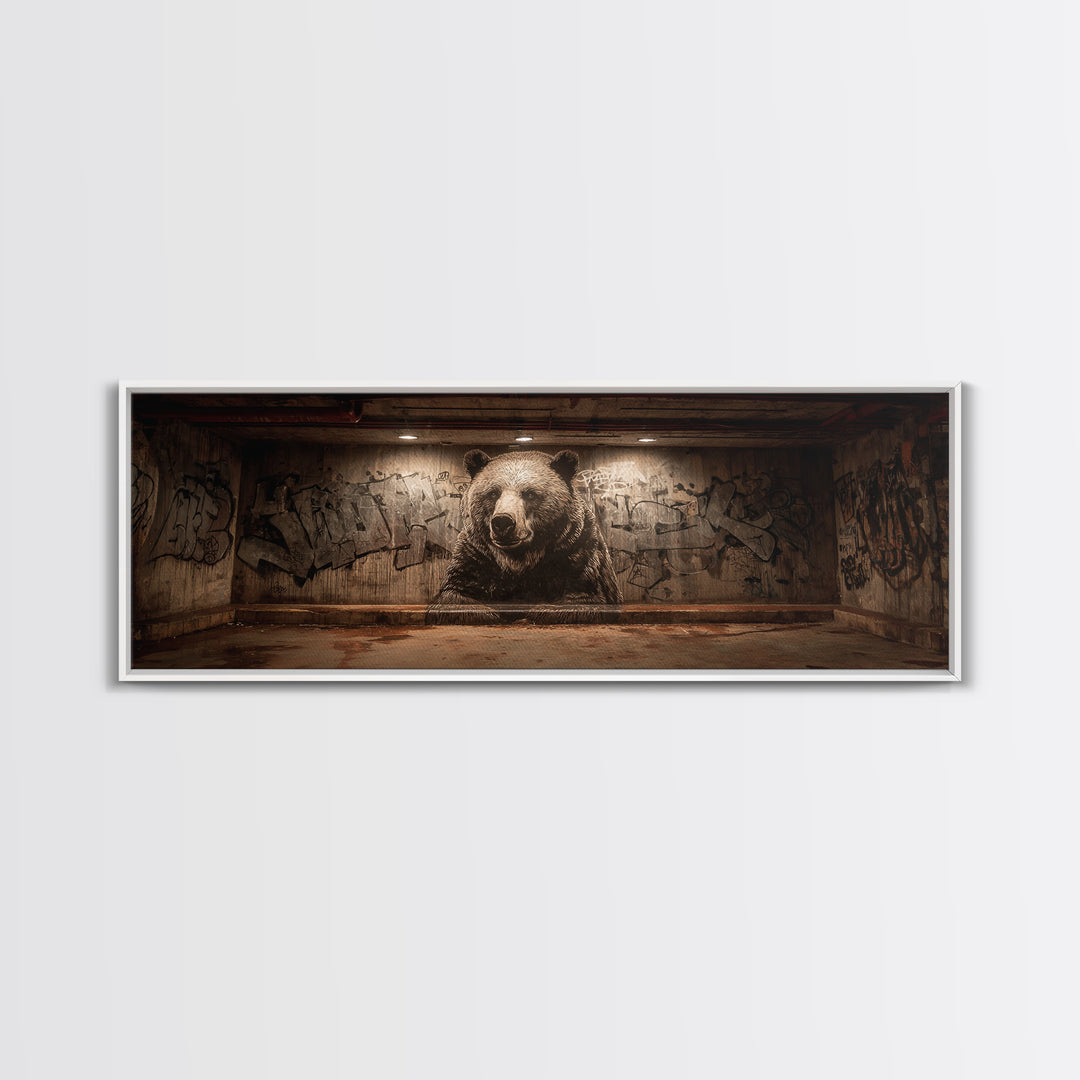 Large Bear Mural On Urban Graffiti Wall In Dimly Lit Space Framed Canvas Print For Statement Wall Art