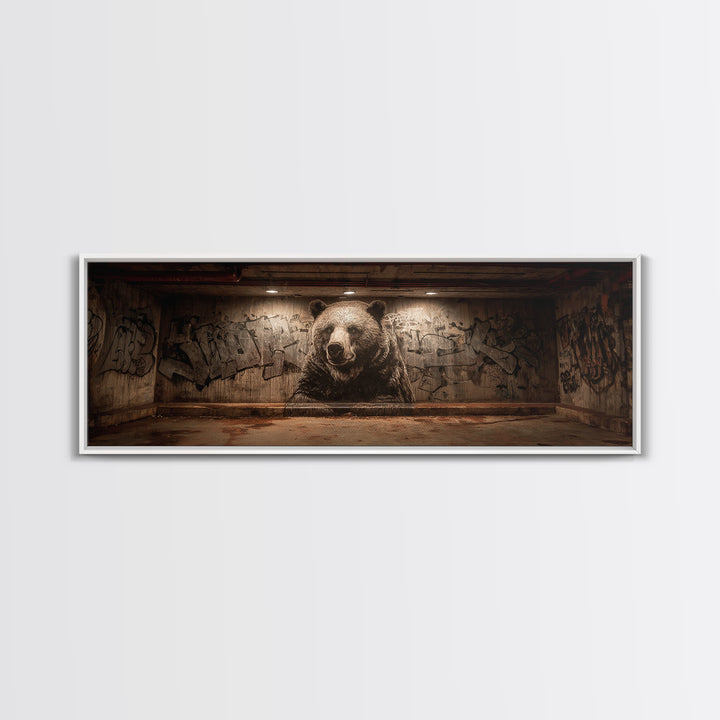 Large Bear Mural On Urban Graffiti Wall In Dimly Lit Space Framed Canvas Print For Statement Wall Art