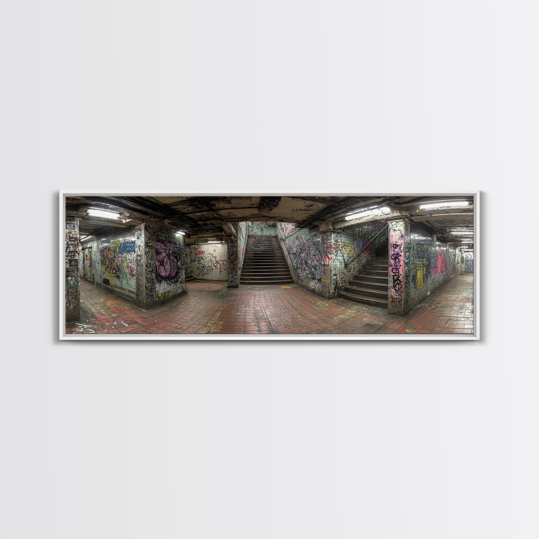 Grungy Spacious Subway Staircase Graffiti Urban Loft Wall Art - Framed Canvas Print, Modern Wall Art, Urban Decor, Trending Wall Art Gift