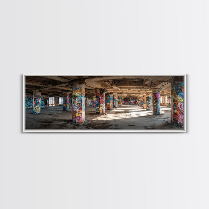 Rustic Urban Abandoned Building Interior With Graffiti Artwork Wall Art Canvas Print Large Industrial Style Decor For Funky Apartment Or Loft Wall