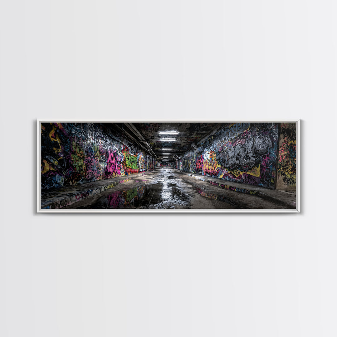 Graffiti Covered Underground Tunnel Wall Art, Urban Street Art Print, Modern Industrial Decor, Colorful Cityscape Canvas