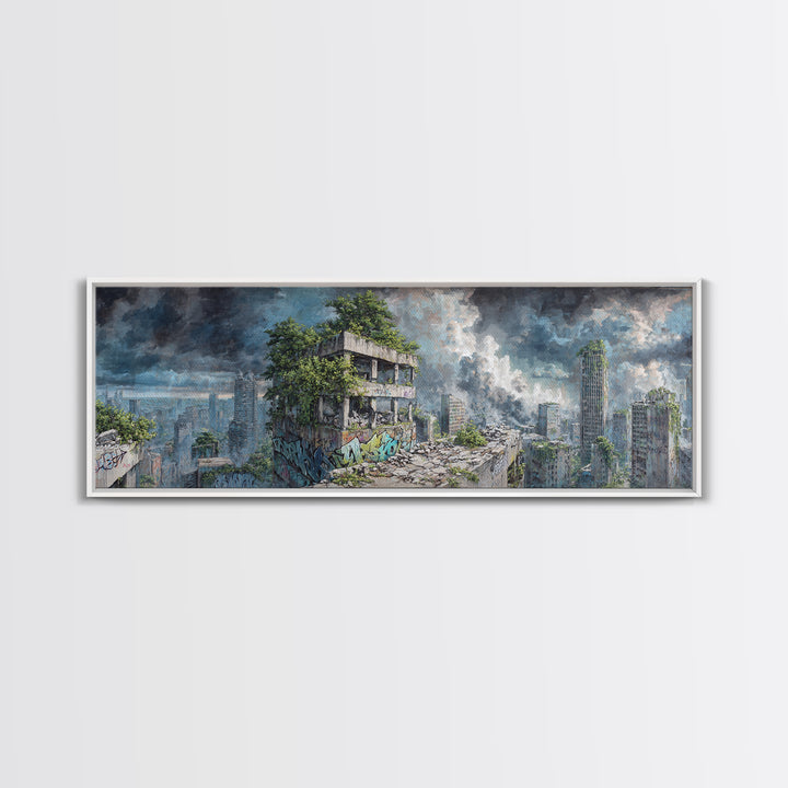 Overgrown Ruined City Under Storm Clouds Canvas Print, Post Apocalyptic Wall Art, Futuristic Urban Landscape, Sci Fi Decor