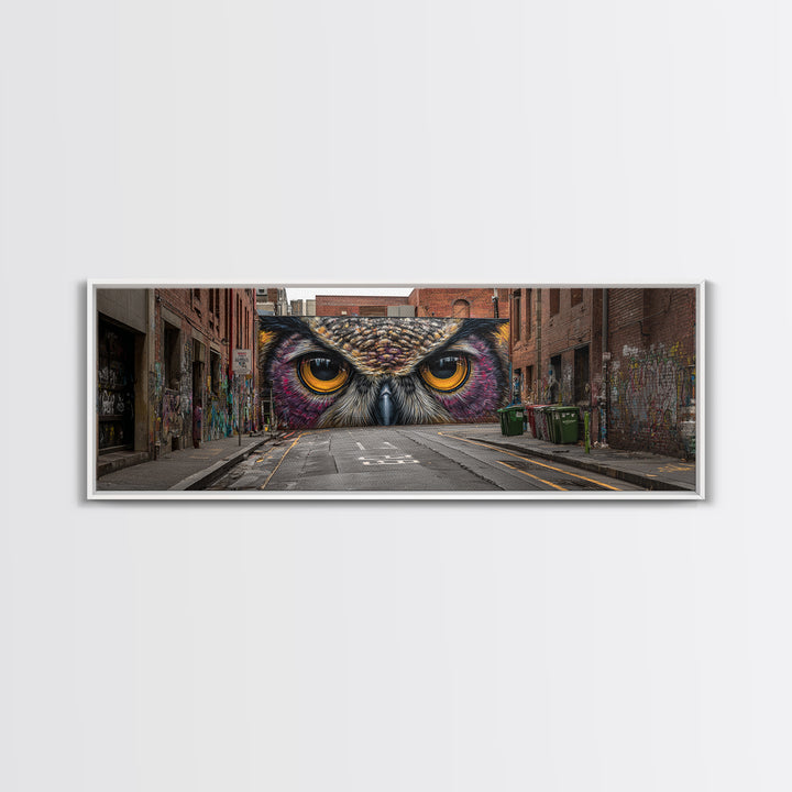 Hyperrealistic Street Mural of Intense Owl Eyes Graffiti Urban Wall Art Framed Canvas Print Bold Contemporary Art for Living Room Decor