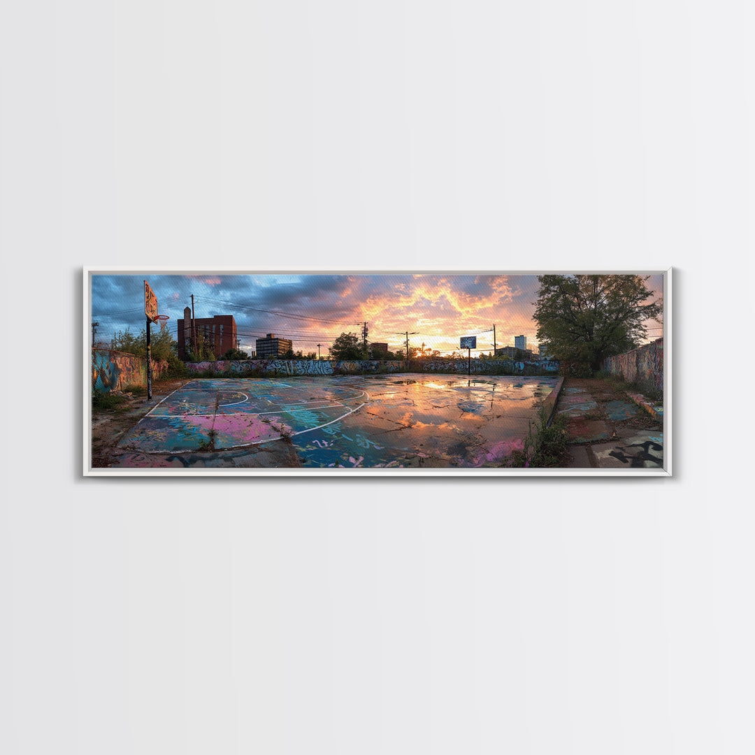 Graffiti Covered Abandoned Outdoor Basketball Court At Sunset, Urban Street Art Wall Decor Canvas Print For Modern Living Room And Wall Art