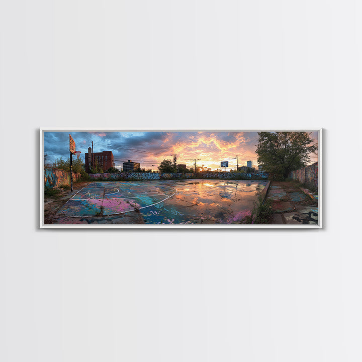 Graffiti Covered Abandoned Outdoor Basketball Court At Sunset, Urban Street Art Wall Decor Canvas Print For Modern Living Room And Wall Art