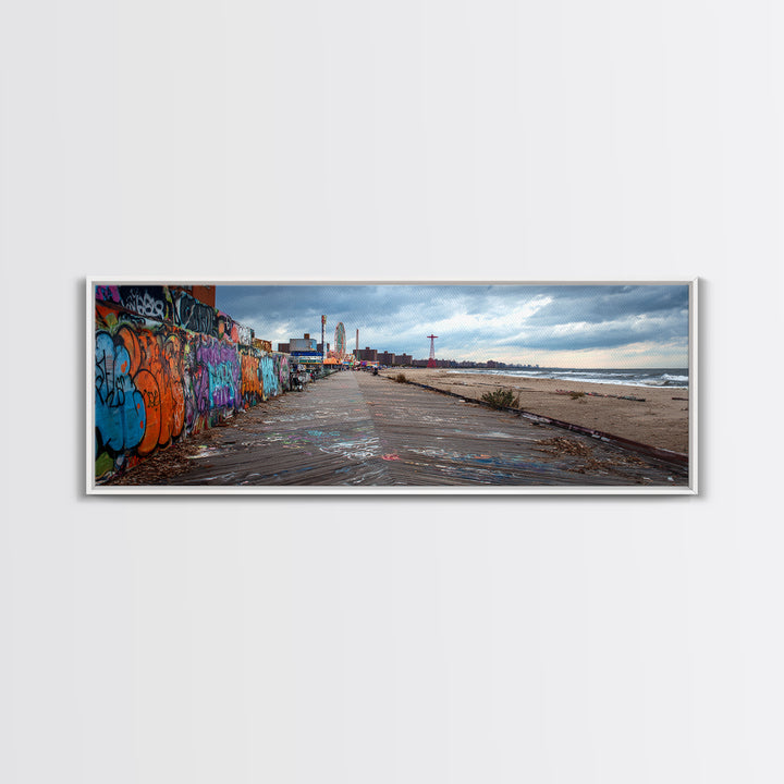Urban Graffiti Beach Boardwalk Vibrant Street Art Wall Art Coastal Living Room Decor Ocean Scene Canvas Print