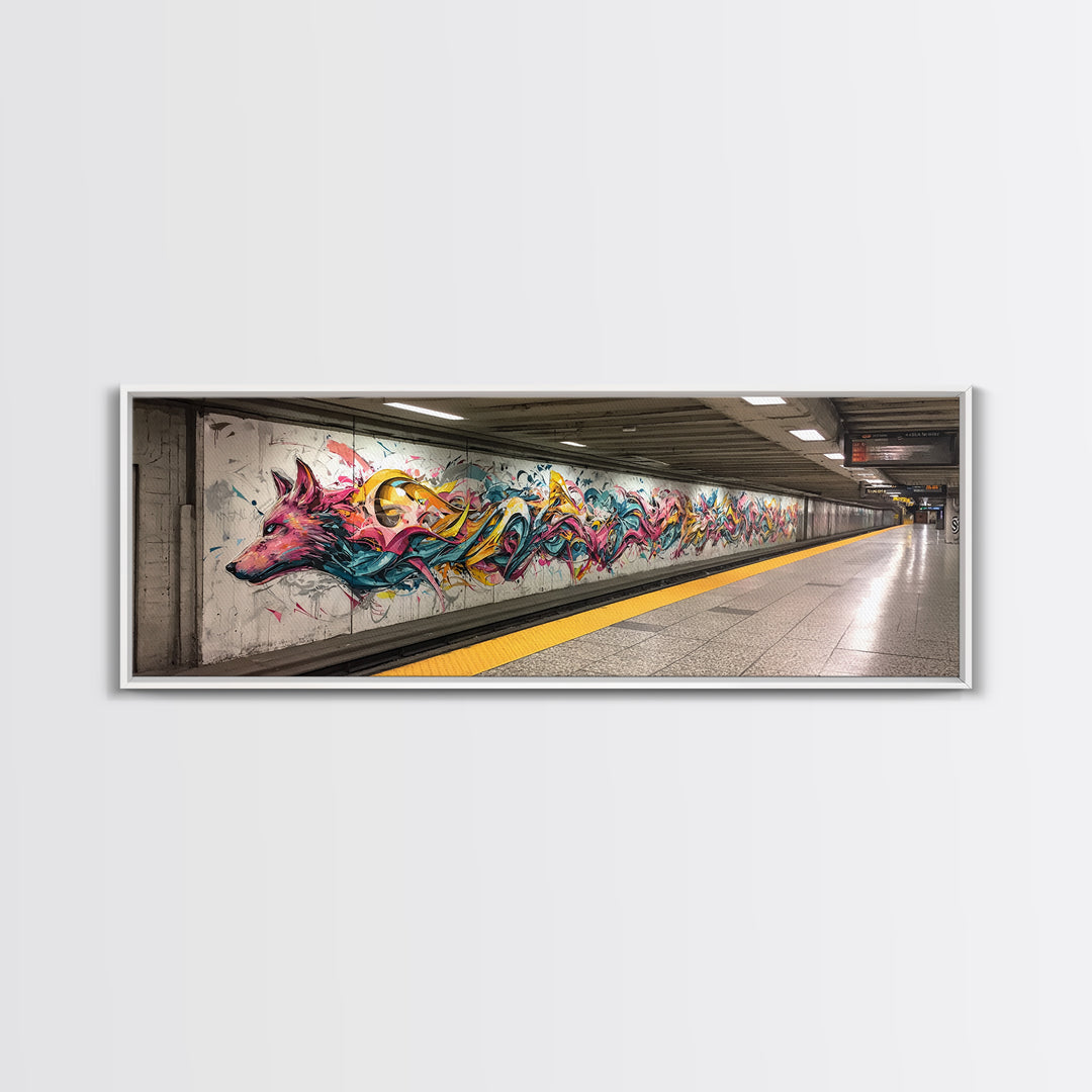 Vibrant Graffiti Mural Of Stylized Fox In Subway Station Long Abstract Street Art Wall Art Canvas Print