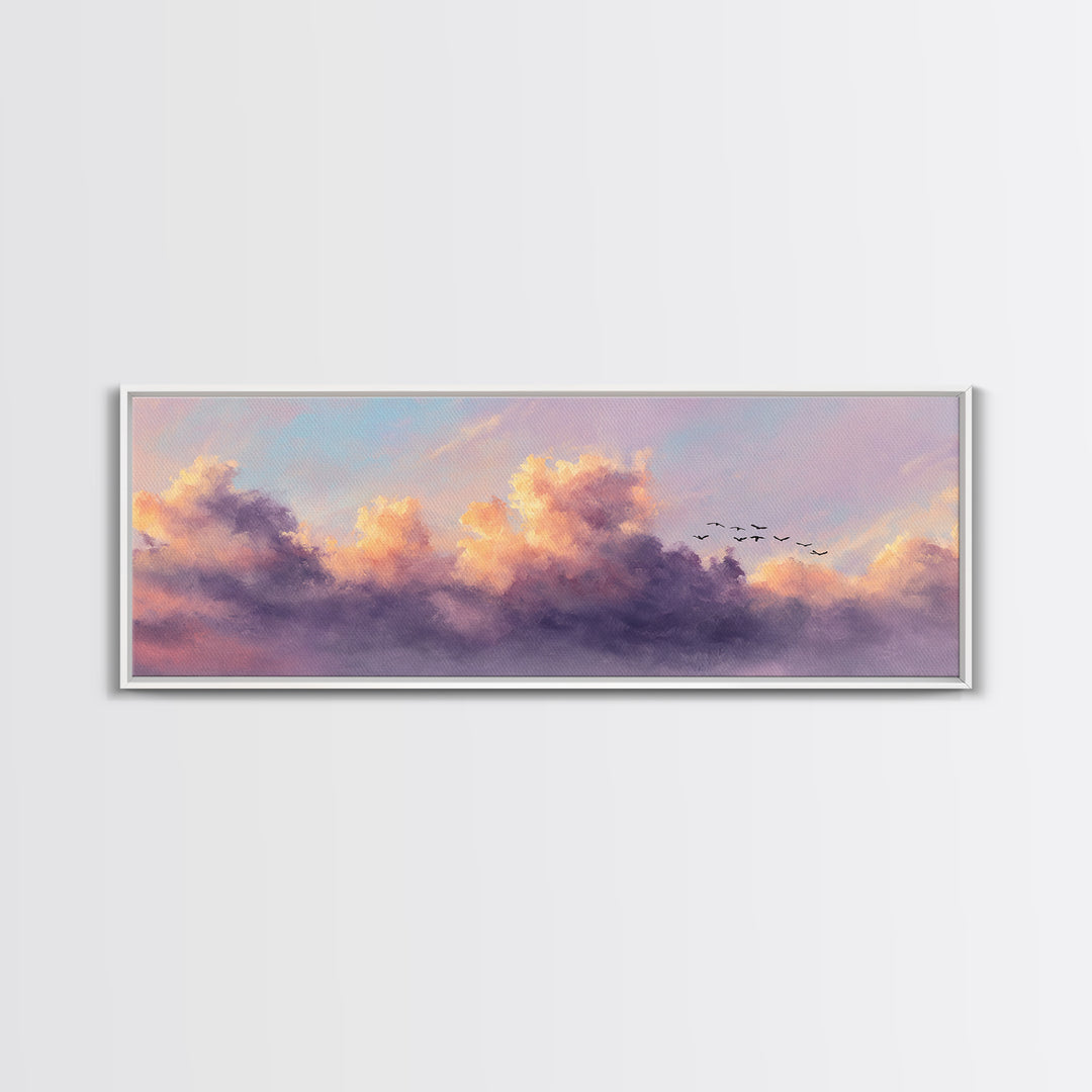 Lavender Sunset Clouds With Flying Birds Wall Art, Pastel Landscape Canvas Print, Calming Bedroom Decor, Living Room Art