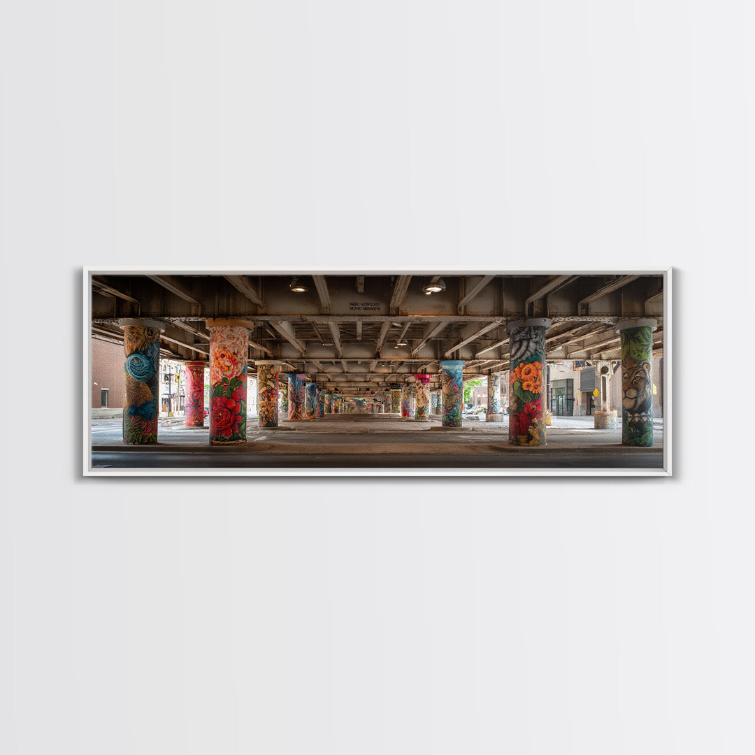 Colorful Graffiti Art On Urban Concrete Pillars Featuring Flowers And Animals Wall Art Vibrant Street Decor Framed Canvas Print