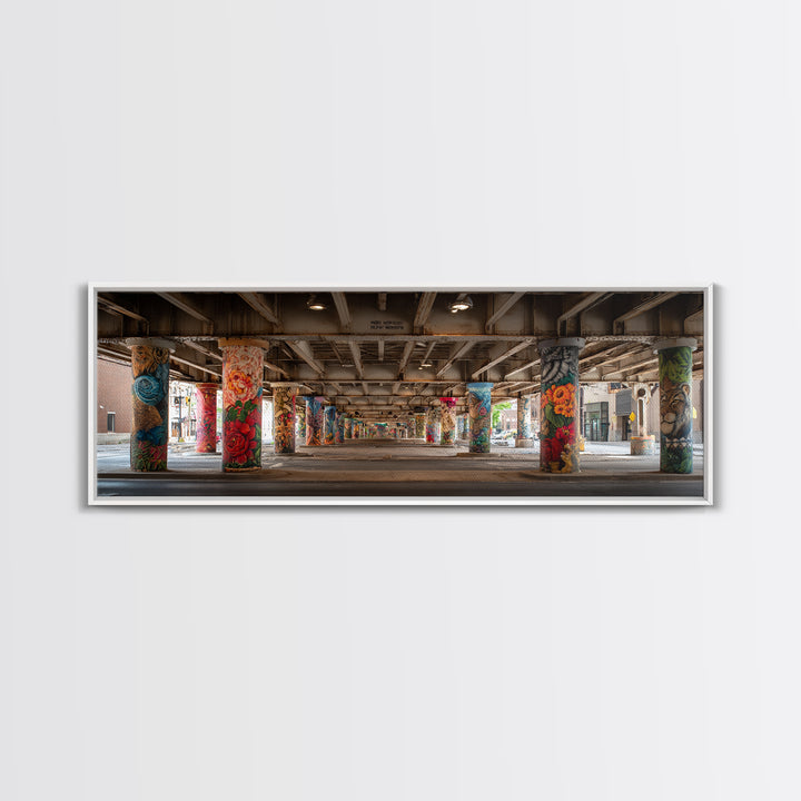 Colorful Graffiti Art On Urban Concrete Pillars Featuring Flowers And Animals Wall Art Vibrant Street Decor Framed Canvas Print
