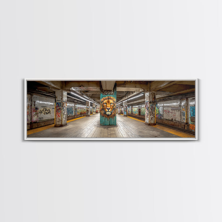 Urban Graffiti Style Subway Station With Bold Lion Mural Vibrant Wall Art Framed Canvas Print