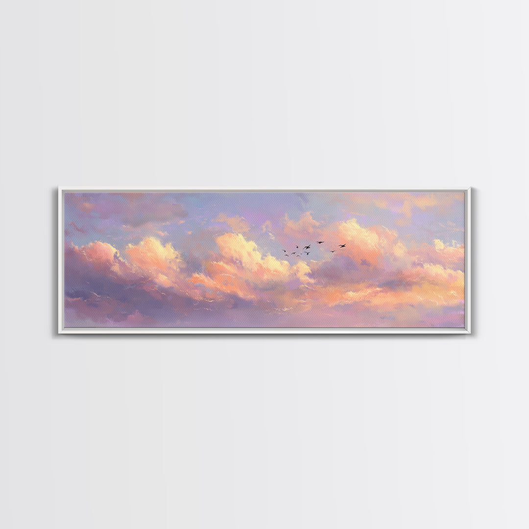 Peach Sunset Clouds With Distant Birds Canvas Print, Soft Pastel Wall Art, Dreamy Landscape Calming Decor, Living Room Wall Art