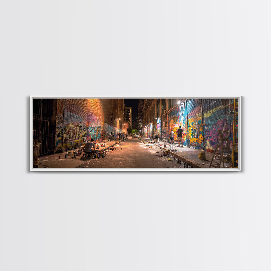 Nighttime Urban Graffiti Alleyway Street Art Scene Vibrant Spray Paint Murals Wall Art Framed Canvas Print