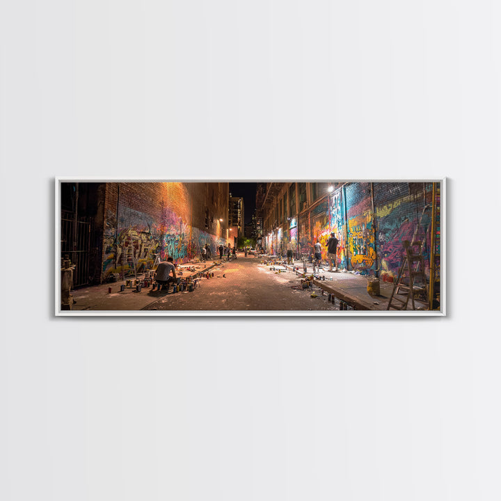 Nighttime Urban Graffiti Alleyway Street Art Scene Vibrant Spray Paint Murals Wall Art Framed Canvas Print