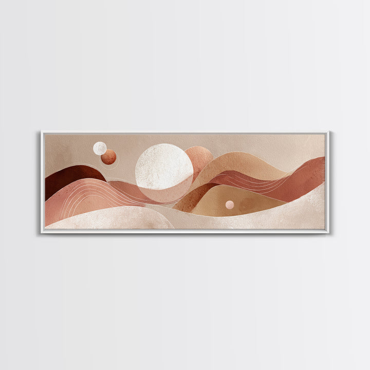 Abstract Terracotta Desert Dunes With Sun And Moons Wall Art, Mid Century Canvas Print, Earth Tone Decor, Modern Boho Art