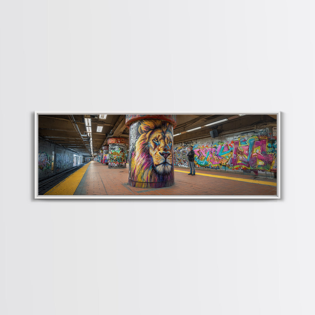 Urban Graffiti Lion Mural Subway Station Wall Art Canvas Print Vibrant Street Art Modern Wall Decor
