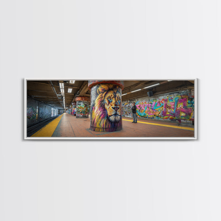 Urban Graffiti Lion Mural Subway Station Wall Art Canvas Print Vibrant Street Art Modern Wall Decor