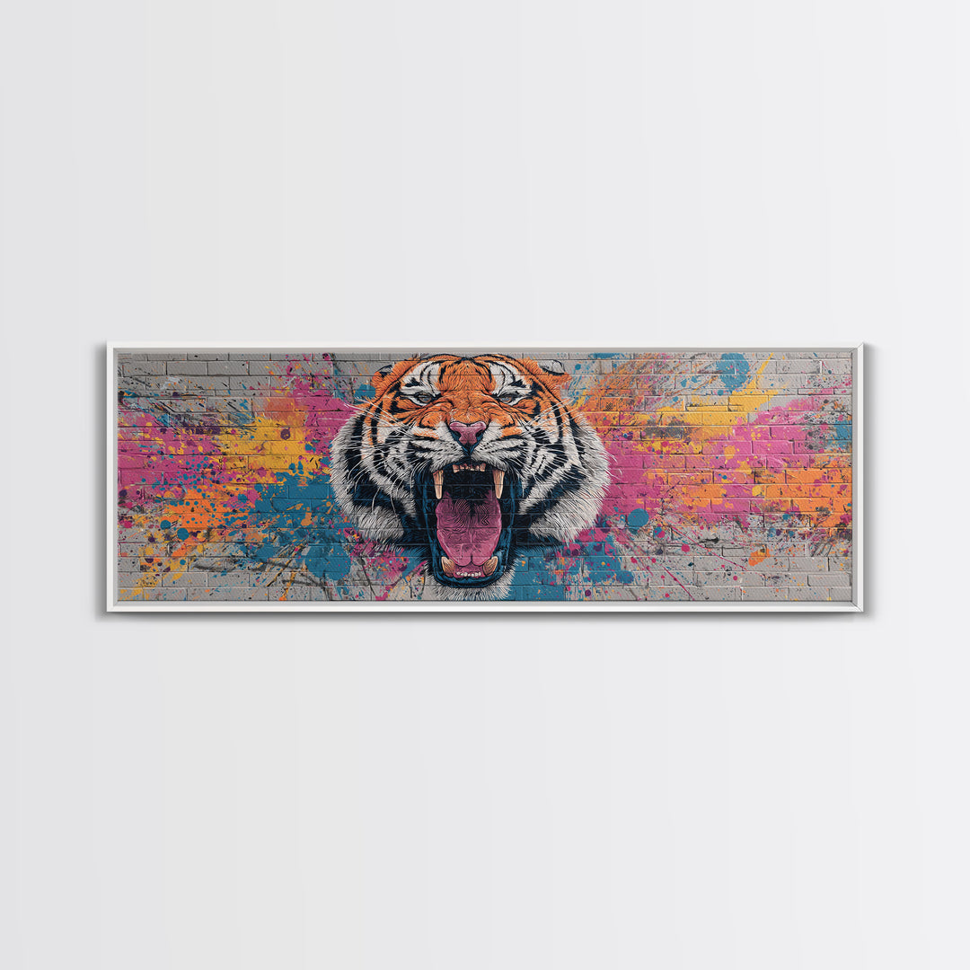 Vibrant Roaring Tiger Graffiti Mural Street Art Wall Painting Framed Canvas Print Urban Home Decor And Bold Living Room Wall Art
