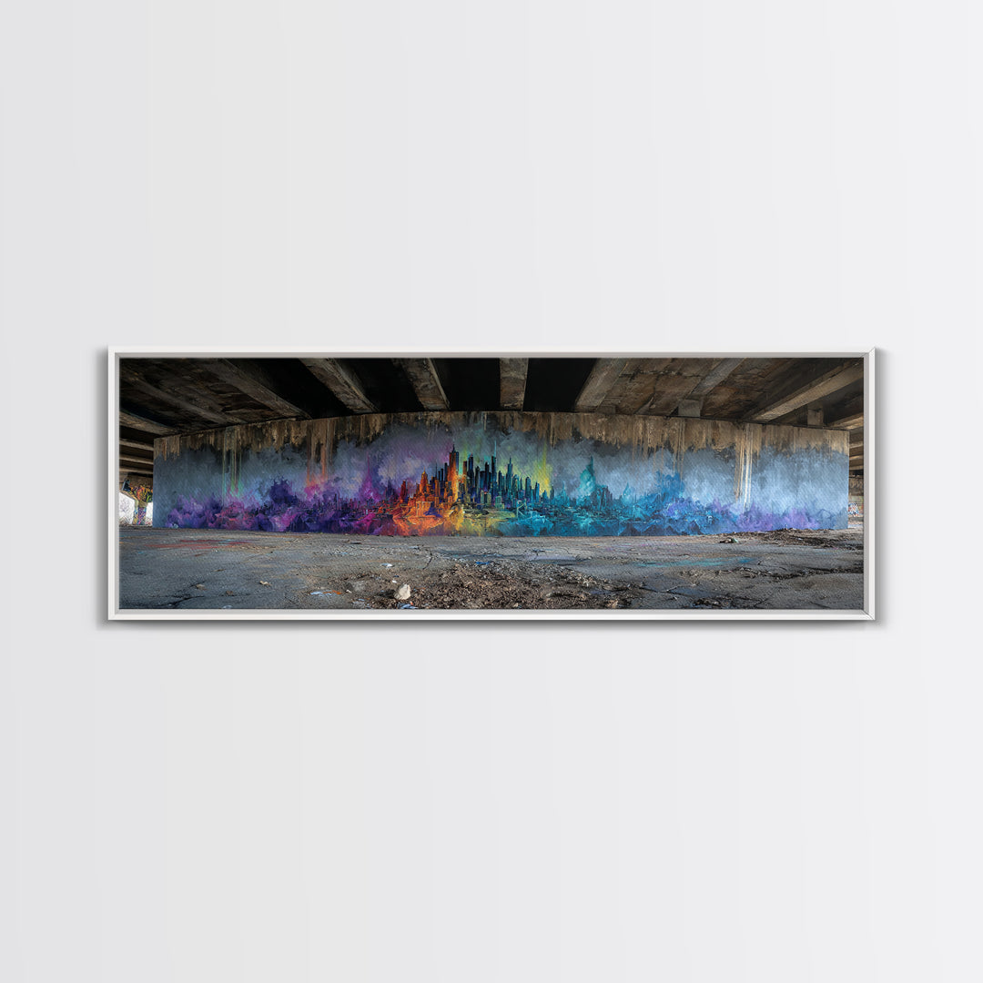 Vibrant Abstract Cityscape Street Art Featuring Colorful Skyline in Purple Blue and Orange Hues Wall Art
